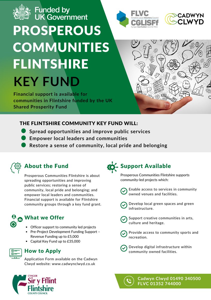 FLINTSHIRE KEY FUND NOW OPEN
Cadwyn Clwyd &amp; FLVC are pleased to announce that the Flintshire Key Fund is now open for applications.

Closing date for application Sunday 8th June 2025.  (Link to Application form available on the Cadwyn Clwyd website). bit.ly/45Z0lZ5