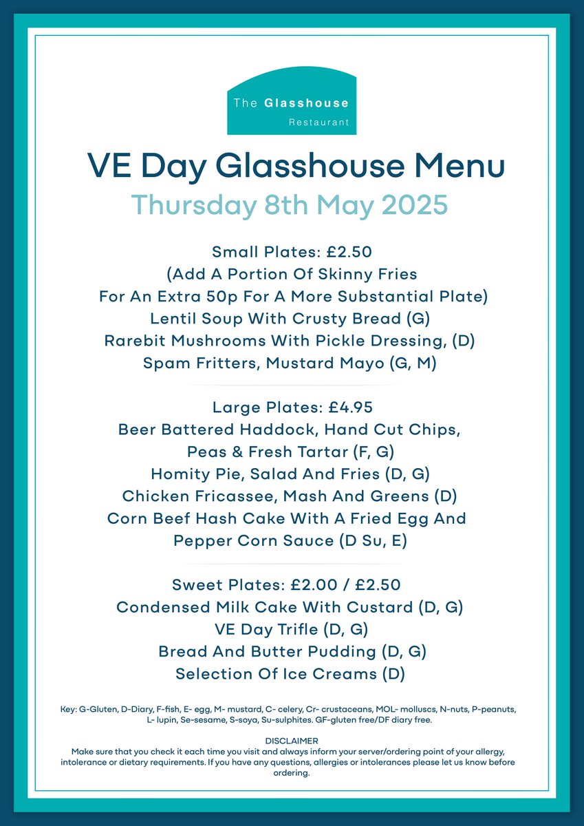 Darlington College (@darlingtonfe) on Twitter photo Join us at The Glasshouse Restaurant to celebrate VE Day with a special lunch menu!
Thursday 8 May marks the 80th anniversary of Victory in Europe Day — why not book a memorable meal at our student-run restaurant?
Book now: 01325 503188 / 503030 theglasshouse@darlington.ac.uk Join us at The Glasshouse Restaurant to celebrate VE Day with a special lunch menu!
Thursday 8 May marks the 80th anniversary of Victory in Europe Day — why not book a memorable meal at our student-run restaurant?
Book now: 01325 503188 / 503030 theglasshouse@darlington.ac.uk