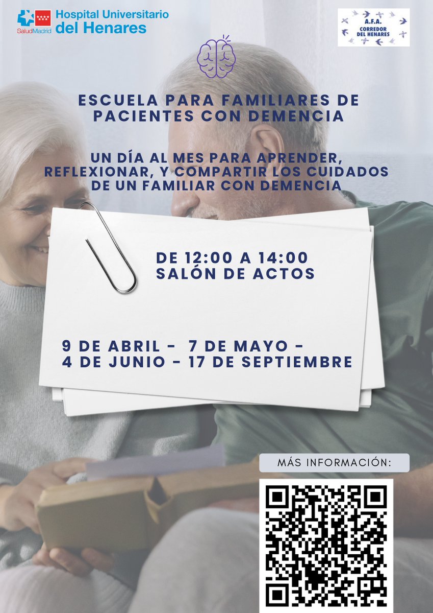 🧠 Escuela para Familiares de Pacientes con Demencias en el Hospital Universitario del Henares

7 de mayo, de 12:00 a 14:00 h, programa educativo dirigido a familiares y cuidadores de personas con #Alzheimer y otras enfermedades neurodegenerativas

📍 Salón de actos (2ª planta)