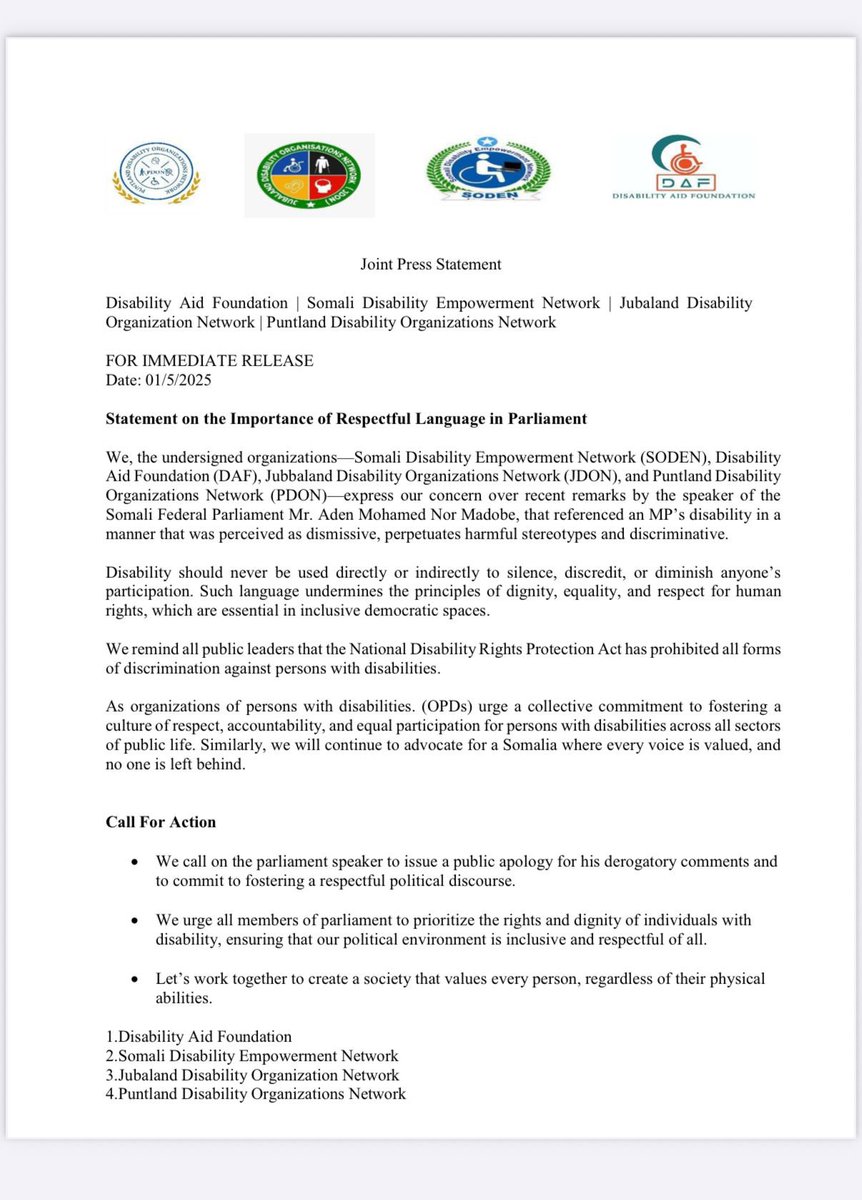Somali DPOs condemning Speaker of parliament Adan Madobe’s degrading remarks telling an MP “you are a disabled man, you can’t do anything” to silence him. This is blatant ableism at the heart of Parliament. Disability is not incompetence. #Somalia #DisabilityRights #StopAbleism