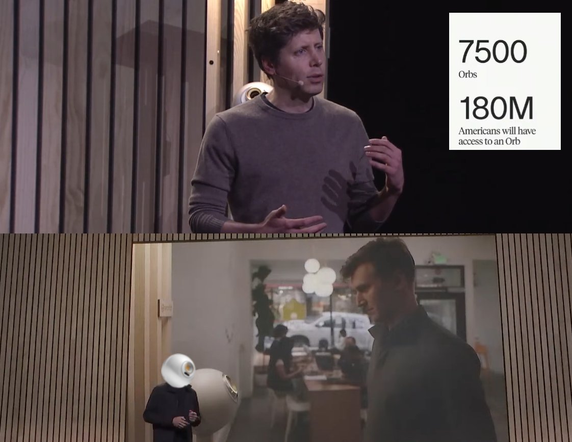 Altman's Worldcoin wants to release 7500 eye-scanning devices across the US by the end of the year.

From the stream: "...which will enable people to go to a coffee shop and verify themselves"

You gonna verify for that flat-white?
