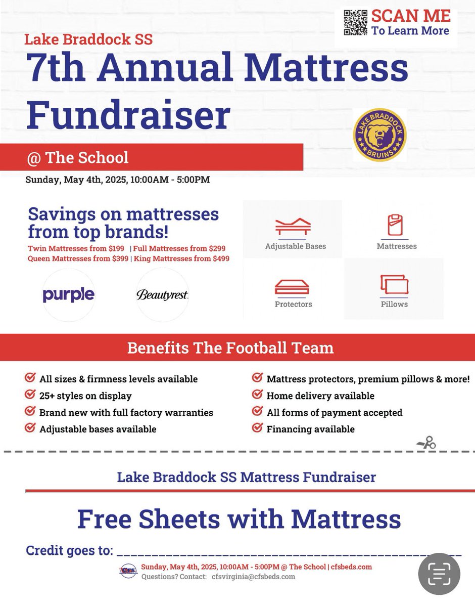 Coach Doc (@mdoc376) on Twitter photo Today we feature <a href="/TheRealEB12/">Ethan Brown</a> <a href="/anthony_manikas/">Anthony Manikas</a>
as we prepare for our May 4th <a href="/LakeBraddockFB/">Lake Braddock ๐</a> annual mattress sale.
Wouldnโt you like a great nights sleep? Come get a new bed. <a href="/AthleticLBSS/">Lake Braddock Athletic Leadership</a> <a href="/FCPSLBSS/">Lake Braddock SS</a> <a href="/LBathletic/">LB Bruins Athletics</a> Today we feature <a href="/TheRealEB12/">Ethan Brown</a> <a href="/anthony_manikas/">Anthony Manikas</a>
as we prepare for our May 4th <a href="/LakeBraddockFB/">Lake Braddock ๐</a> annual mattress sale.
Wouldnโt you like a great nights sleep? Come get a new bed. <a href="/AthleticLBSS/">Lake Braddock Athletic Leadership</a> <a href="/FCPSLBSS/">Lake Braddock SS</a> <a href="/LBathletic/">LB Bruins Athletics</a>