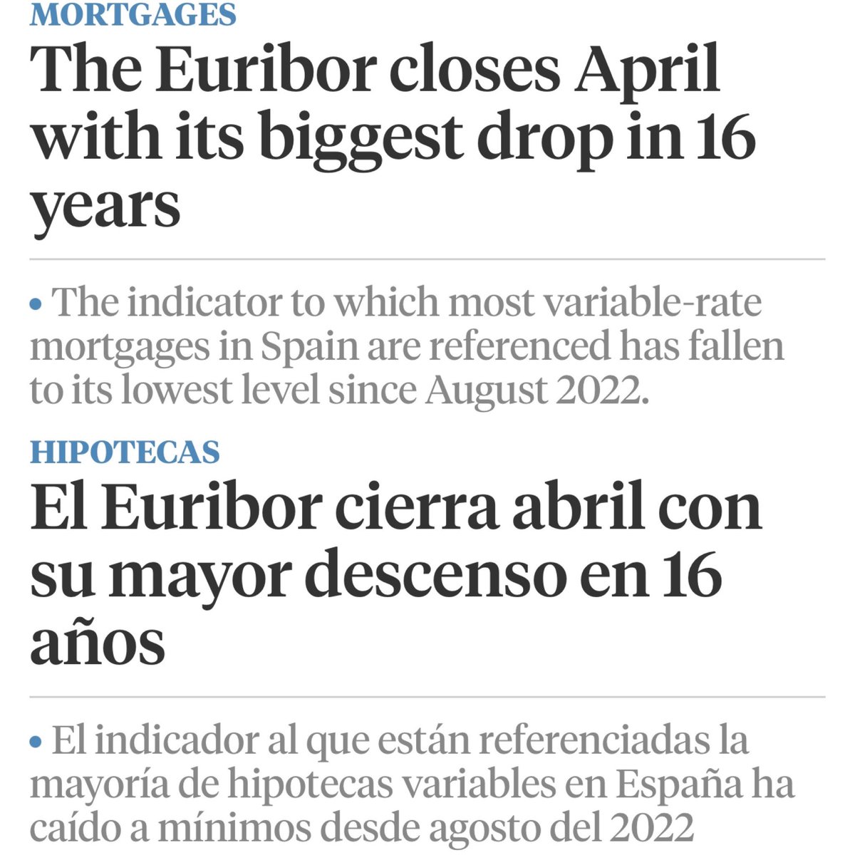 Euribor cierra abril en el 2,143% #euribor #hipotecas #mortgage #brokerhipotecario #mortgagebroker