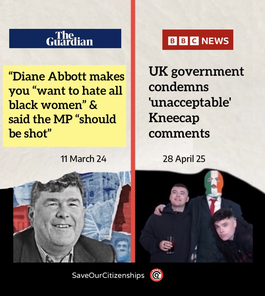 The people who are complaining about Kneecap, said nothing when Frank Hester said “looking at Diane Abbott makes you ‘want to hate all black women” and said the MP “should be shot”. - <a href="/EsheruKwaku/">Esheru</a> 

Hypocrisy, a British value perfected over centuries…