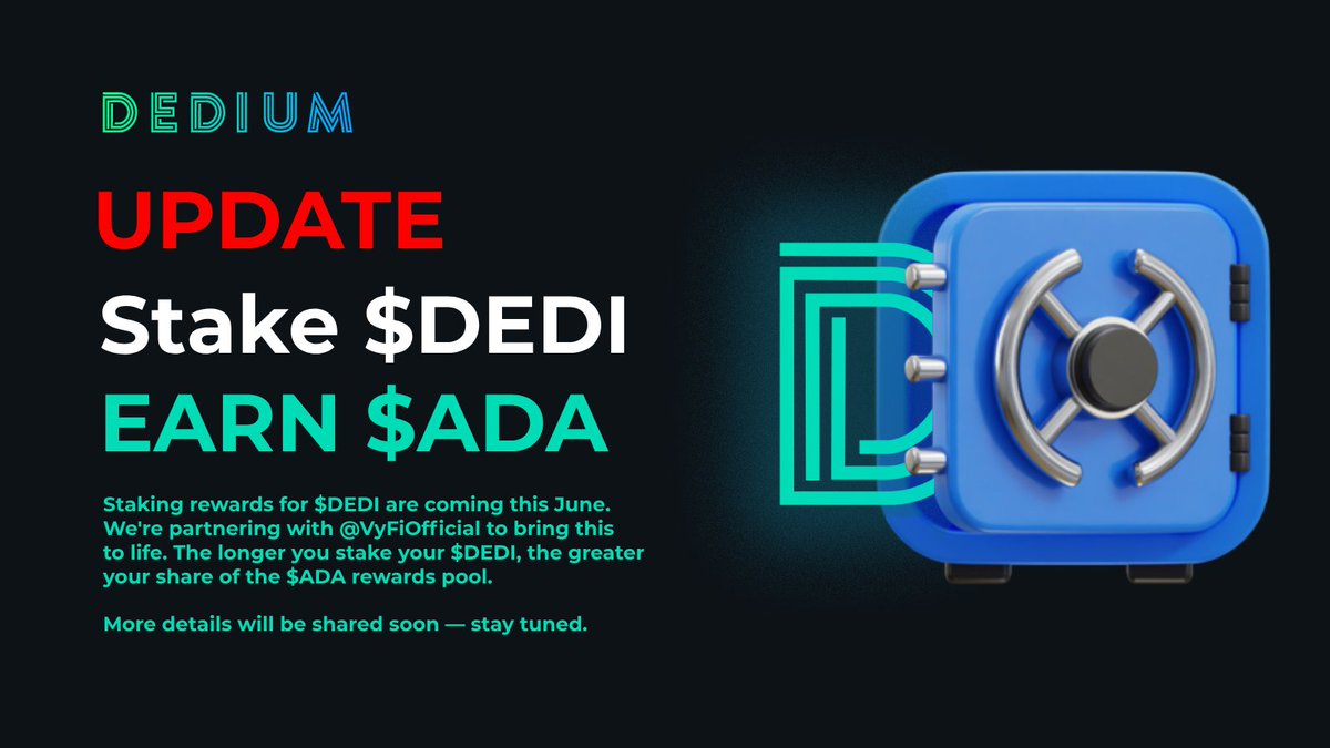 DediumNetwork's tweet image. Staking rewards for $DEDI in $ADA are set to launch in June.
We're actively working to bring this to life.
All $DEDI stakers will be eligible to earn $ADA through staking.
More details will be shared soon!