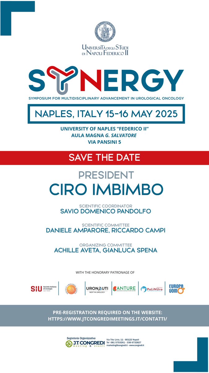 Symp for Multidisciplinar Advancement in UroOnco (@synergy_uro) on Twitter photo ๐ด SAVE THE DATE ๐ด
๐ Naples, Italy
๐
15โ16 May 2025
SYNERGY โ Symposium for Multidisciplinary Advancement in Urological Oncology
President: Prof. Ciro Imbimbo
<a href="/PandolfoSD/">Savio Domenico Pandolfo</a> <a href="/danieleamparore/">Daniele Amparore</a> <a href="/Ric_Campi/">Riccardo Campi</a> <a href="/DrAchilleAveta/">Achille Aveta</a> <a href="/GianlucaSpena/">Dr. Gianluca Spena</a>
๐ Pre-register: jtcongredimeetings.it/synergy/ ๐ด SAVE THE DATE ๐ด
๐ Naples, Italy
๐
15โ16 May 2025
SYNERGY โ Symposium for Multidisciplinary Advancement in Urological Oncology
President: Prof. Ciro Imbimbo
<a href="/PandolfoSD/">Savio Domenico Pandolfo</a> <a href="/danieleamparore/">Daniele Amparore</a> <a href="/Ric_Campi/">Riccardo Campi</a> <a href="/DrAchilleAveta/">Achille Aveta</a> <a href="/GianlucaSpena/">Dr. Gianluca Spena</a>
๐ Pre-register: jtcongredimeetings.it/synergy/