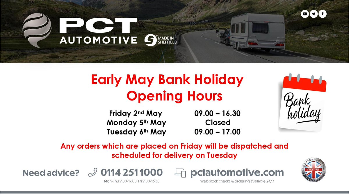 #PCTAutomotive #BankHoliday #OpeningHours #Towbars #SteelCity #MadeinSheffield