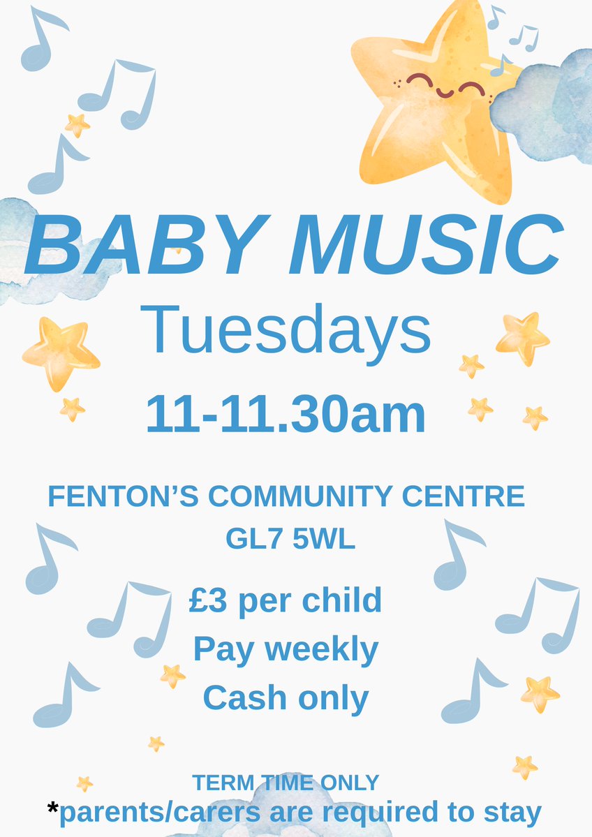 SouthCerneyHall's tweet photo. Starting next Tuesday 6th May.
Baby Music at Fenton's, 11-11.30am
Come along, enjoy some singing with your little one and make some friends.
And stay for a coffee afterwards in Café@Fenton's ?
£3 per child pay cash only on the day.
Parents/carers must stay with the child. https://t.co/xc4t8f4EJi