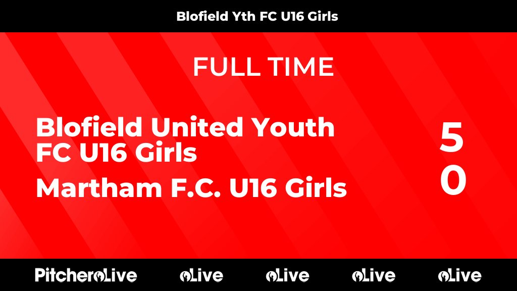 FULL TIME: Blofield United Youth FC U16 Girls 5 - 0 Martham F.C. U16 Girls
#BLOMAR #Pitchero.  Goals from Chloe, Alexia and a hat-trick from Ava. Next up County Cup Final.
blofieldunitedyouthfc.com/teams/203536/m…