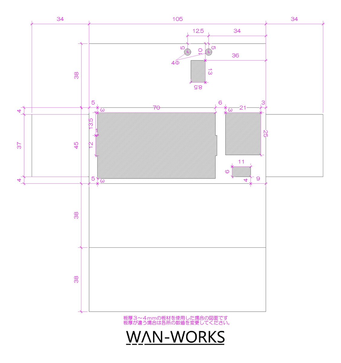 wan_works11's tweet photo. 箱の図面と配線図です。板厚3〜4mmを使った場合です。アクリル板とか低発泡塩ビ板のイメージです。モジュールやスイッチを違う物で作る時はサイズや配線が変わります。#ミニ四駆　#モーター慣らし https://t.co/MHg47L07qf