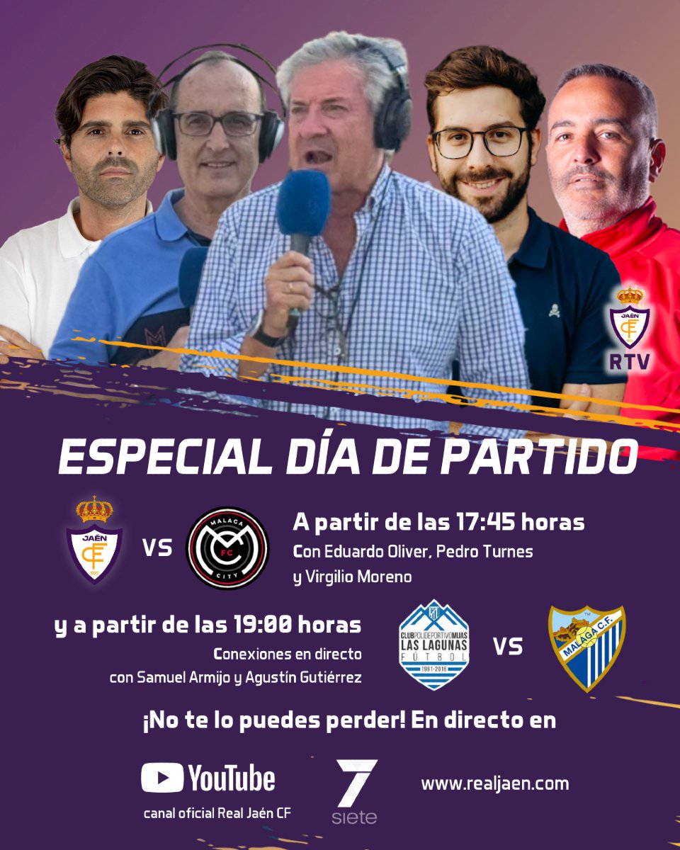 Real Jaén C.F. (@realjaencf) on Twitter photo 𺠡ððŠð£ððððð ððÌð ðð ð£ðð¥ð§ððð¢!
âïž Desde las 17:45 horas el encuentro en directo del Real Jaén CF vs FC Málaga City
ð Con Eduardo Oliver, Pedro Turnes y Virgilio Moreno
â¡ïž y a continuación el final del partido entre CP Mijas Las Lagunas y el Atlético 𺠡ððŠð£ððððð ððÌð ðð ð£ðð¥ð§ððð¢!
âïž Desde las 17:45 horas el encuentro en directo del Real Jaén CF vs FC Málaga City
ð Con Eduardo Oliver, Pedro Turnes y Virgilio Moreno
â¡ïž y a continuación el final del partido entre CP Mijas Las Lagunas y el Atlético