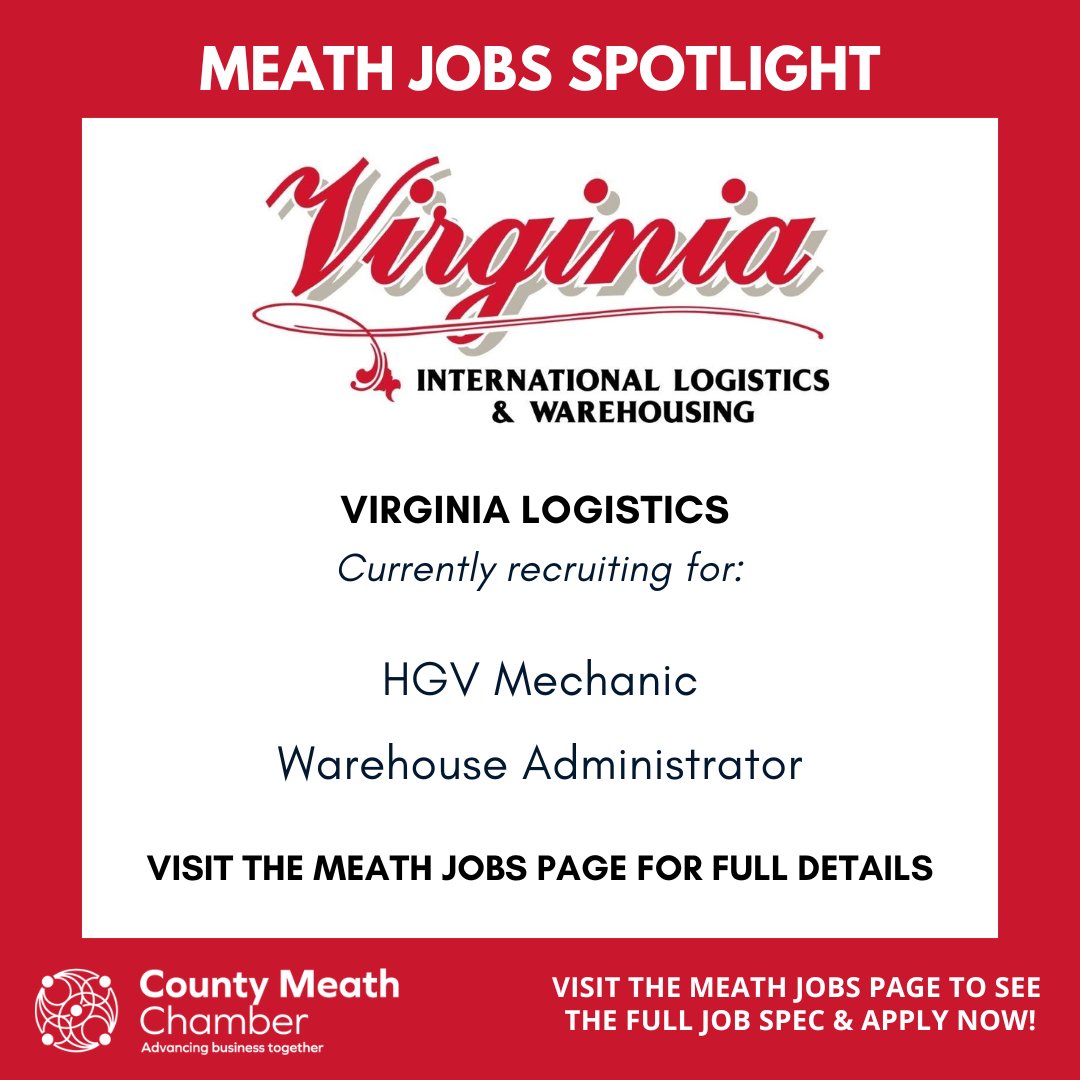 County Meath Chamber (@meathchambers) on Twitter photo Are you on the lookout for a new job in Meath?
➡️ View all the current vacancies with Virginia Logistics on the Meath Jobs Page here:
countymeathchamber.ie/jobscareers/me…
Meath – the Best Place to Live, Work & Grow 💚💛
<a href="/VirginiaIntl/">Virginia Logistics</a>
#JobFairy #Vacancies #CountyMeathChamber Are you on the lookout for a new job in Meath?
➡️ View all the current vacancies with Virginia Logistics on the Meath Jobs Page here:
countymeathchamber.ie/jobscareers/me…
Meath – the Best Place to Live, Work & Grow 💚💛
<a href="/VirginiaIntl/">Virginia Logistics</a>
#JobFairy #Vacancies #CountyMeathChamber