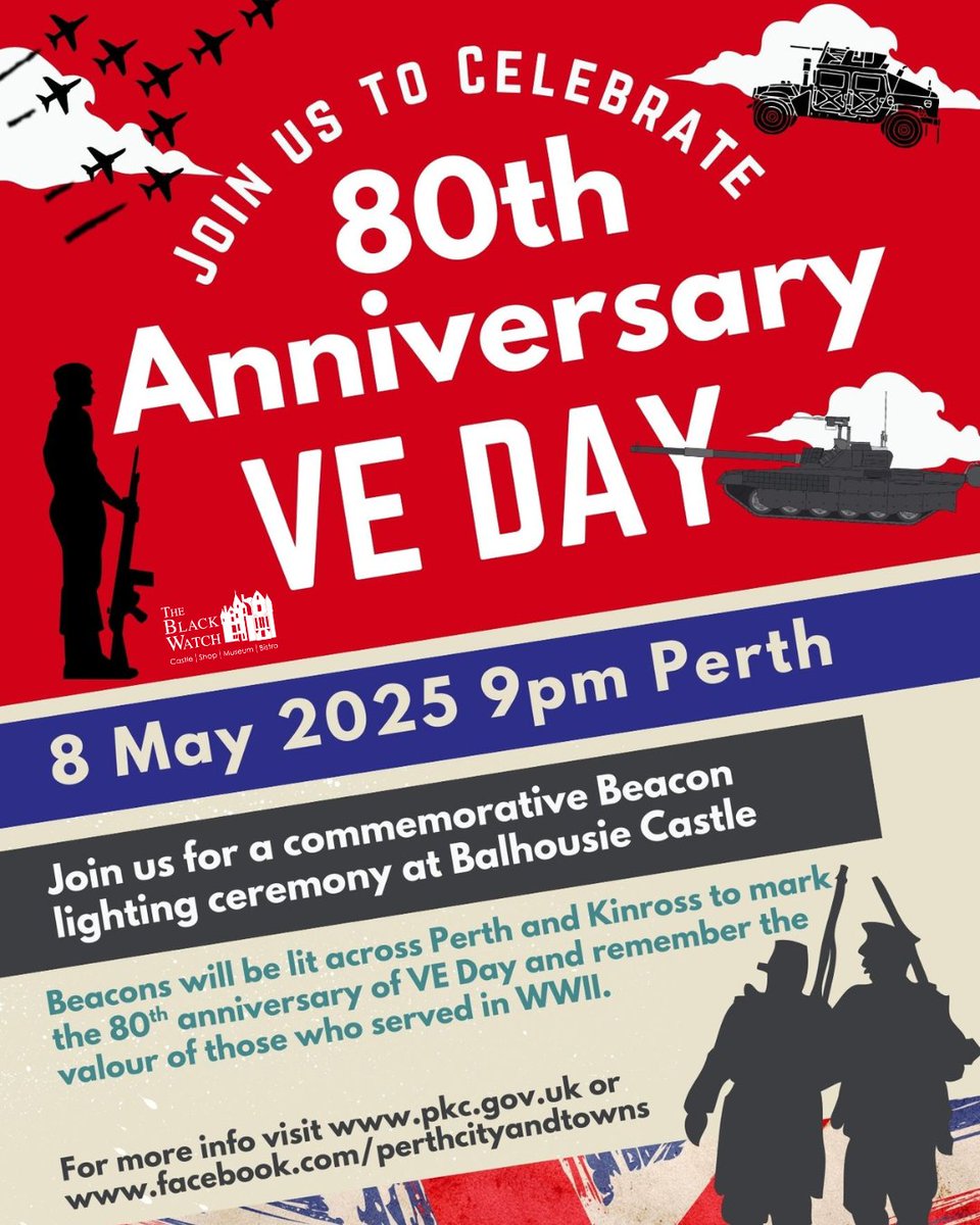 Join us on Thurs 8 May at 9pm at The Black Watch Castle and Museum for a free evening of remembrance. Enjoy music from Perth Choral Society, a piper &amp; bugler, with beacon lighting at 9:30pm to honour those who served.

#VEDay80 #TheBlackWatch #VE80 #VJ80 #Victory80
