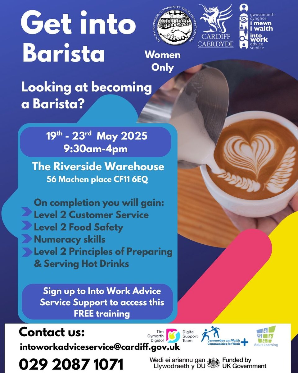 Into Work Advice Service (@intoworkcardiff) on Twitter photo ☕ Do you want to become a barista? 🌟
📅 19th – 23rd May 2025
⏰ 9:30 AM - 4:00 PM
Sign up now to secure your spot!
📞 Contact us: 029 2087 1071
📧 Email: intoworkadviceservice@cardiff.gov.uk
#BaristaTraining #CardiffJobs #FreeTraining #CoffeeSkills ☕ Do you want to become a barista? 🌟
📅 19th – 23rd May 2025
⏰ 9:30 AM - 4:00 PM
Sign up now to secure your spot!
📞 Contact us: 029 2087 1071
📧 Email: intoworkadviceservice@cardiff.gov.uk
#BaristaTraining #CardiffJobs #FreeTraining #CoffeeSkills