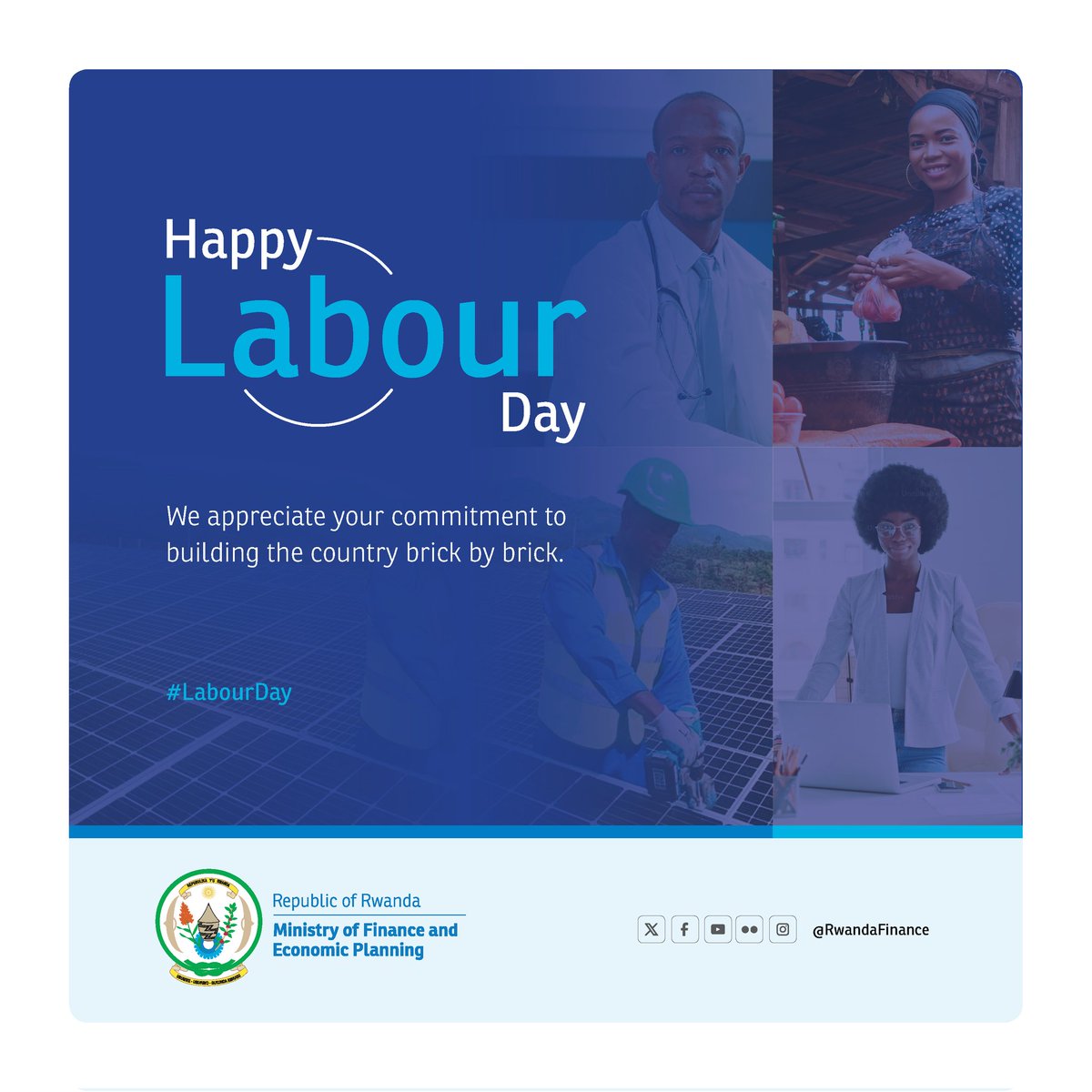 RwandaFinance's tweet photo. Happy Labour Day!
 
Today, we celebrate the dedication and resilience of Rwanda’s workforce—the heartbeat of our nation’s progress!

Every hand that labors and every mind that innovates is building the #RwandaWeWant. Together, your hard work fuels our journey toward prosperity and sustainable development.  

Under  #NST2, @RwandaGov is committed to creating  1.25 million jobs over the next 5 years.
#LabourDay