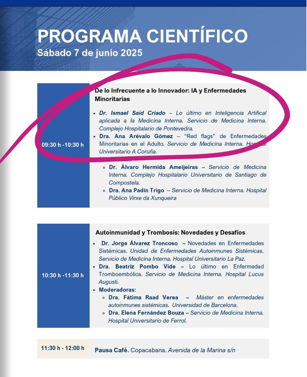 Alvaro Hermida (@info_rares) on Twitter photo En la próxima reunión de la Sociedad Gallega de #MedicinaInterna <a href="/SOGAMI_MEIGA/">SOGAMI</a> también hay espacio para las #enfermedadesraras, con <a href="/ismaelsaid/">Ismael Said Criado</a> y la Dra A. Arévalo de <a href="/SanidadeACoruna/">Área Sanitaria da Coruña e Cee</a>. "De lo infrecuente a lo innovador" En la próxima reunión de la Sociedad Gallega de #MedicinaInterna <a href="/SOGAMI_MEIGA/">SOGAMI</a> también hay espacio para las #enfermedadesraras, con <a href="/ismaelsaid/">Ismael Said Criado</a> y la Dra A. Arévalo de <a href="/SanidadeACoruna/">Área Sanitaria da Coruña e Cee</a>. "De lo infrecuente a lo innovador"