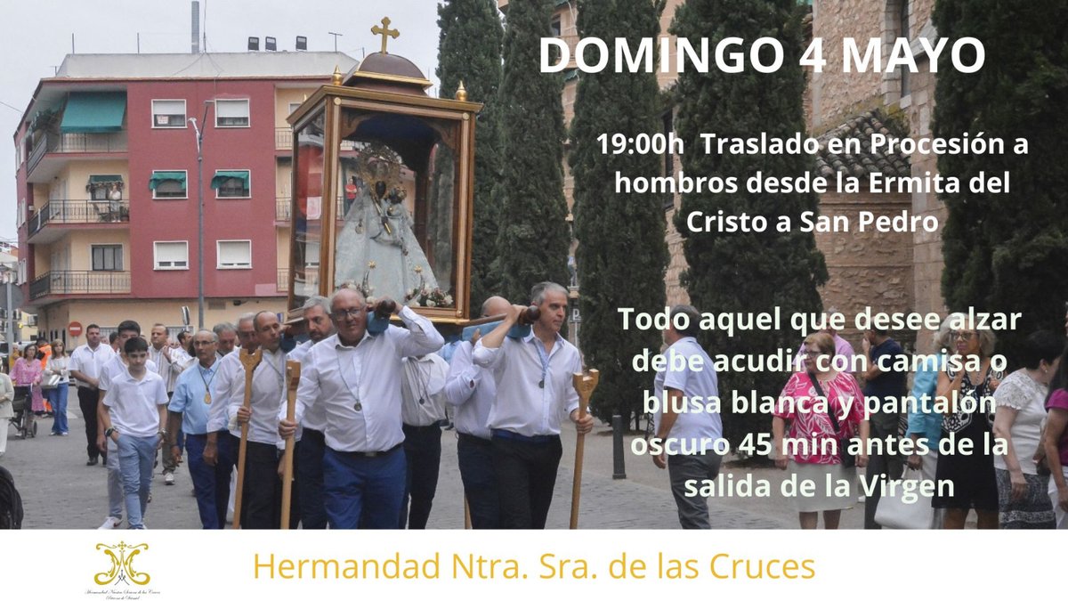 vdelascruces's tweet photo. El próximo domingo 4 de mayo, tras permanecer la imagen de Nuestra Señora de las Cruces en la Ermita del Cristo de la Luz unas horas, trasladaremos a la Virgen de las Cruces a hombros hasta San Pedro. Todo daimieleño/a que quiera puede participar portándola.

#TodosConLaPatrona https://t.co/zIXmeH9pR6