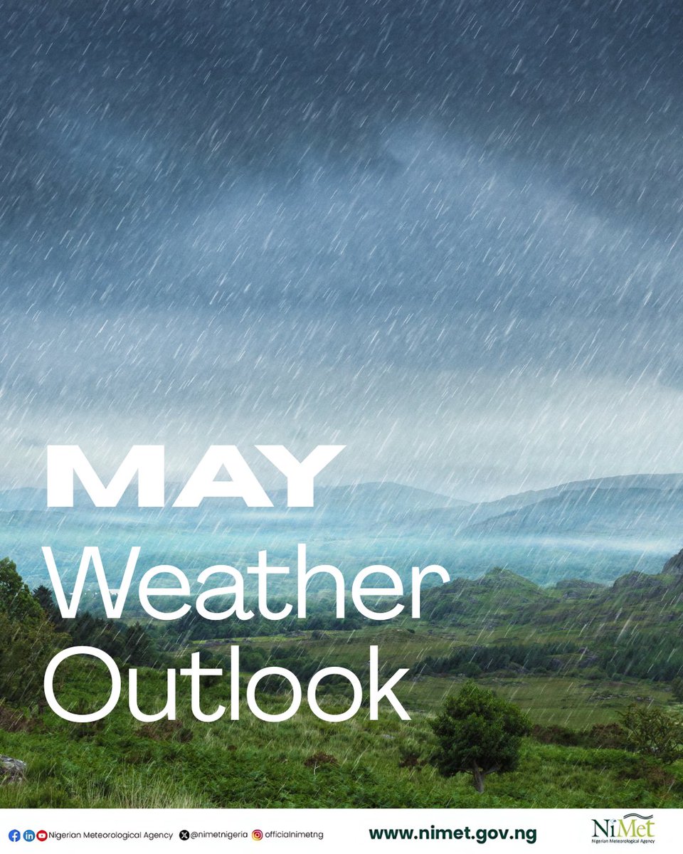 nimetnigeria's tweet photo. 🌧 May Weather Outlook – Nigeria 🌡

Rainfall is now well-established across southern Nigeria and will increase in both frequency and intensity, raising the risk of flash flooding in urban areas. Central states—including Taraba, Adamawa, southern Gombe, Bauchi, Kaduna, and southern Kebbi—will also experience more frequent rainfall.

🌡 Temperature Trends:
• Southern Nigeria: Daytime temperatures will average around 30°C, dipping into the upper 20s during extended rains.
• Northern Nigeria: Expect hot conditions, with highs between 38°C and 45°C, increasing the risk of heat-related discomfort and health issues. Thunderstorms will also become more common in the north.

🩺 Health Watch:
• Malaria risk is expected to rise in southern and central States due to increased rain and stagnant water.
• Meningitis cases may also surge in northern states, particularly Borno and Yobe, due to extreme heat.

⚠️ Advisories:
1. Dress appropriately for cooler mornings and nights in the south—especially for children.
2. Farmers are advised to follow NiMet’s SCP and Agromet updates for safe planting periods.
3. Step up malaria prevention efforts (nets, repellents, draining stagnant water).
4. Clear drainage systems to reduce flood risks.
5. Secure weak structures against strong winds during rainstorms.
6. Inspect and reinforce roads and bridges to prevent structural damage.

NiMet – Weather for Safety and Sustainable Development.

📢 Stay Safe. Stay Informed. 
🔗 Visit 👉 https://t.co/PDIfmzO3ag
📲 Follow us for real-time updates.

#MayWeather #NigeriaWeather #MayWeatherOutlook #NiMet #FlashFloodAlert #MalariaAwareness #NiMetUpdates #RainySeason #MeningitisWatch #ClimateSmartNigeria #ClimatePreparedness