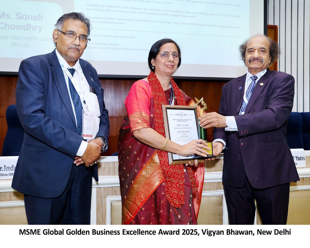 netcommlabs's tweet image. Our CEO, Ms Sonali Chowdhry receives the #MSME Global Golden Business Excellence #Award 2025 on 28th April 2025 at a event held at Vigyan Bhawan, New Delhi.

#MSMEAwards2025 #SonaliChowdhry #BusinessExcellence #WomenInBusiness #LeadershipRecognition