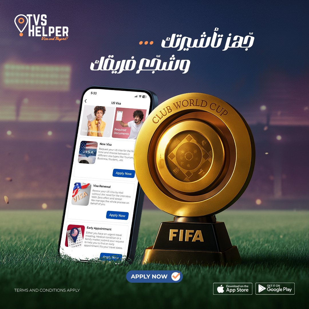 Get your USA Visa or Early Appointment to support your team this June.
Download our mobile application and hit the goal!.
TVSHelper.. Easy Like Never Before!