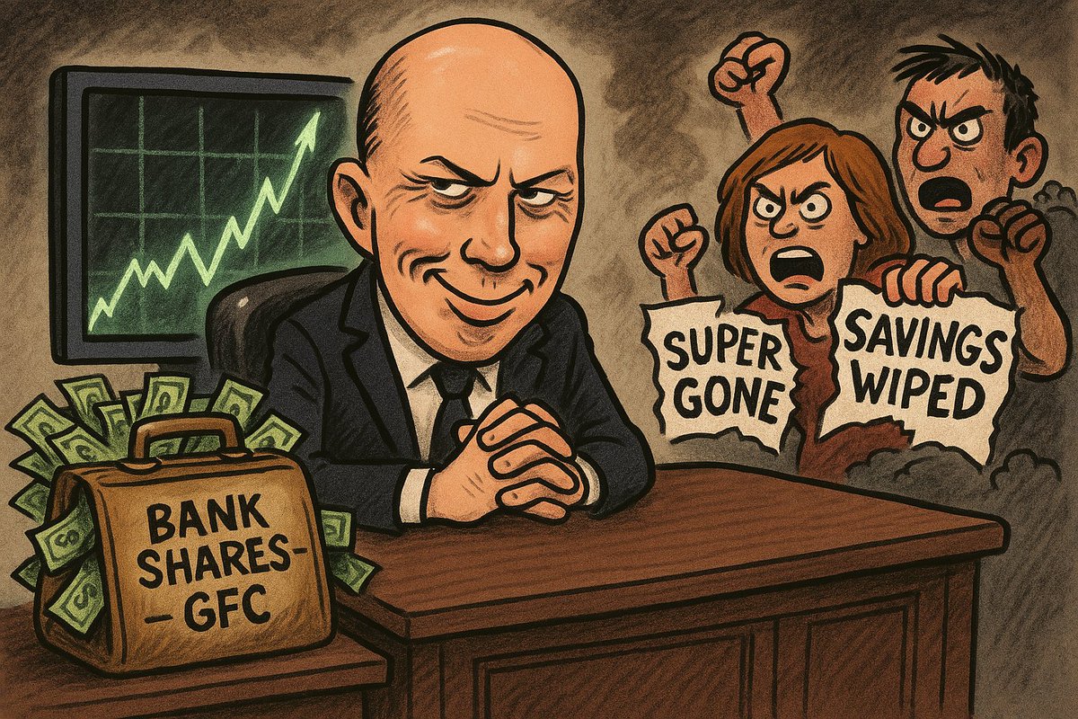 streamydreamy12's tweet photo. While everyday Aussies watched their savings vanish, the only thing the Liberals invested in was bank shares and smug grins. Remember the GFC? They do. 💼📉 #DuttonFails #SuperGone #LiberalLogic https://t.co/8FjZm3v42c