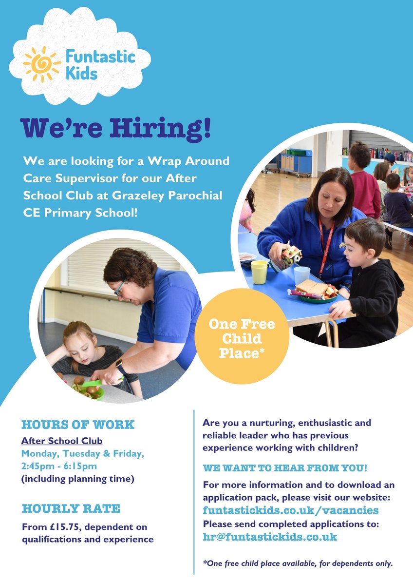 Join our growing team as an After School Club Supervisor at Grazeley Parochial CE Primary School!

🔗 Apply today! funtastickids.co.uk/vacancies/

#funtastickids #childcarevacancies #supervisor #kidsclub #berkshirejobs #reading