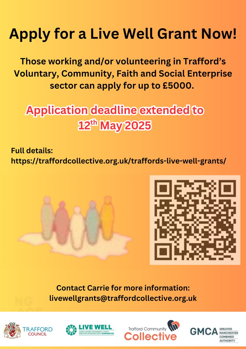 Thrive Trafford (@thrivetrafford) on Twitter photo Thrive/The Collective are pleased to be working in partnership to be delivering this LIVE WELL funding of up to 5k to Community groups in Trafford: Unpaid Carers/Learning Disabilities/Mental Illness. Deadline: 12th May, 5pm. Email: livewellgrants@traffordcollective.org.uk Thrive/The Collective are pleased to be working in partnership to be delivering this LIVE WELL funding of up to 5k to Community groups in Trafford: Unpaid Carers/Learning Disabilities/Mental Illness. Deadline: 12th May, 5pm. Email: livewellgrants@traffordcollective.org.uk