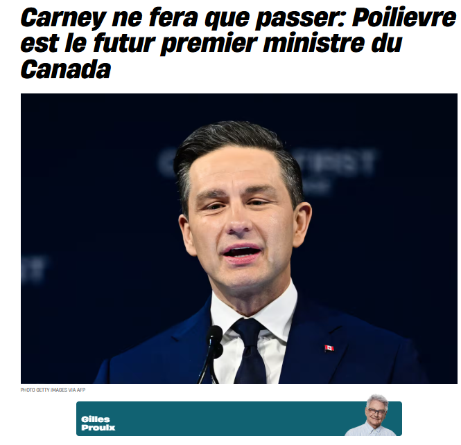 CARNEY NE FERA QUE PASSER: POILIEVRE EST LE FUTUR PREMIER MINISTRE DU CANADA 

Résumé - Ce texte de Gilles Proulx explique que Donald Trump ne maintiendra pas indéfiniment l'élan libéral. 

Un Pierre Poilievre plus expérimenté et modéré devrait prendre le pouvoir à Ottawa dans