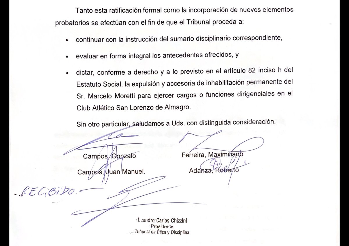 Ayer nos presentamos, ratificamos y ampliamos la denuncia, solicitando una vez más la expulsión de Moretti. 
Les dejamos el pedido final al tribunal.