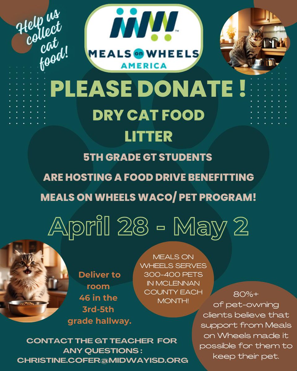 Tomorrow is the last day to bring donations for the Meals on Wheels Pet Program! #speegleville #midwayisd #communityservice
