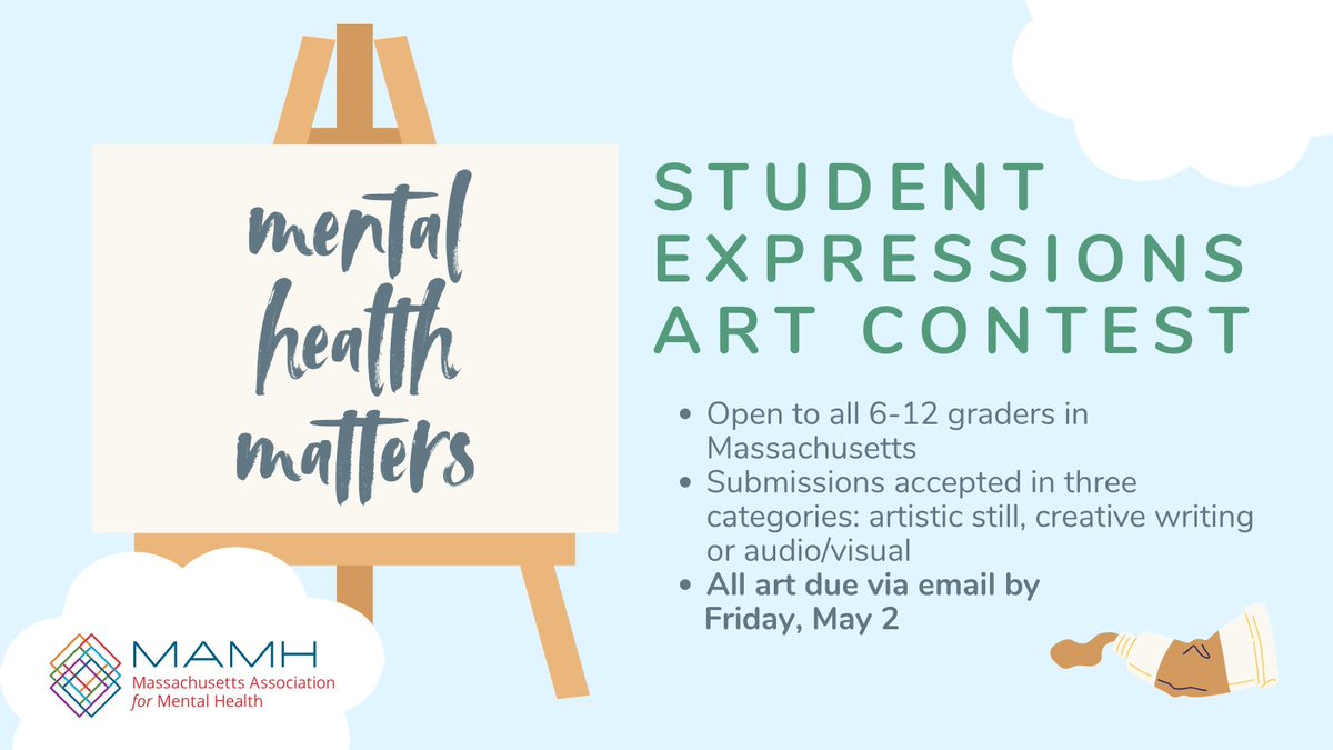 MentalHealth_MA's tweet image. Celebrate May is #MentalHealthMonth with some #creativewriting. MAMH is accepting submissions from middle and high school students in #MA and cash prizes are on the line. Submissions due TOMORROW, May 2. Guidelines and more info: mamh.org/blog/2025-ment…
