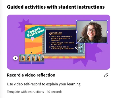screenshot of Adobe Express for EDU Guided Activity "Record a video reflection" Guided Activities with Student Instructions - use video to self-record to explain your learning. Photograph of the Adobe Express Activity showing an old fashioned tv screenwith text overlay and a colorful background.