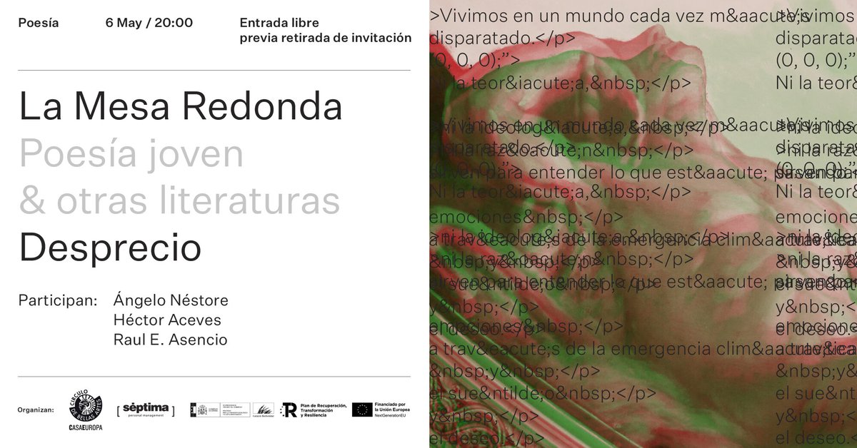 Círculo de Bellas Artes - Casa Europa (@cbamadrid) on Twitter photo ¿Pueden las emociones negativas, como el desprecio, alimentar nuestra capacidad de agencia?
Trataremos de responder a esta pregunta desde una mirada ecopoética con <a href="/angelonestore/">Ángelo Néstore</a>, <a href="/h_aceves_/">Héctor Aceves</a> y <a href="/raulasencio/">Raúl E. Asencio</a> en #LaMesaRedonda
🔗 acortar.link/ihAa3F <a href="/FBiodiversidad/">Fundación Biodiversidad</a> <a href="/mitecogob/">Transición Ecológica y Reto Demográfico</a> ¿Pueden las emociones negativas, como el desprecio, alimentar nuestra capacidad de agencia?
Trataremos de responder a esta pregunta desde una mirada ecopoética con <a href="/angelonestore/">Ángelo Néstore</a>, <a href="/h_aceves_/">Héctor Aceves</a> y <a href="/raulasencio/">Raúl E. Asencio</a> en #LaMesaRedonda
🔗 acortar.link/ihAa3F <a href="/FBiodiversidad/">Fundación Biodiversidad</a> <a href="/mitecogob/">Transición Ecológica y Reto Demográfico</a>