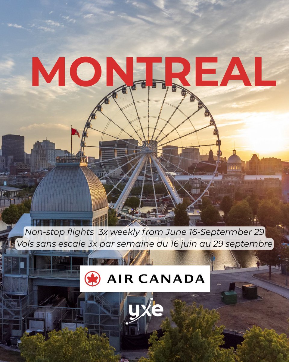 🛫 Hello Montreal! Starting June 16, Air Canada offers non-stop flights from YXE to YUL 3X a week - until Sept. 29. Bonjour Montréal! Dès le 16 juin, Air Canada offre des vols directs de YXE à YUL, 3x par semaine, jusqu’au 29 sept. 🔗aircanada.com #YXE #AirCanada