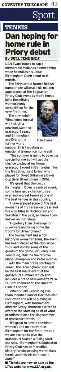🎾 Dan Evans hopes to cap a memorable Midlands homecoming when he makes his Lexus Birmingham Open debut next month.

Print coverage in today's papers - <a href="/Sportsbeat/">Sportsbeat</a> once again working with <a href="/the_LTA/">LTA</a> throughout the grass court season 📰👇