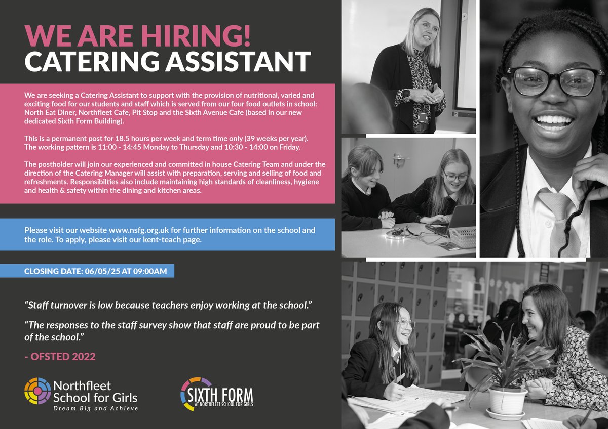 VACANCY - CATERING ASSISTANT

We are looking for someone to join our Catering Team.

To learn more about the role and to apply, visit: kent-teach.com/Recruitment/Va…

#kentteach #jobsinkent #kentschools #gravesham #northfleet #ebbsfleet #dartford #meopham #medway