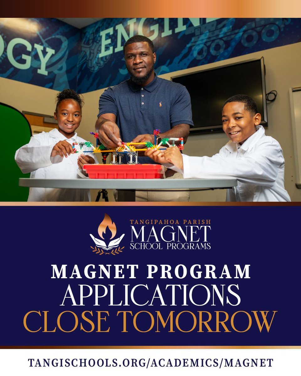 Applications for the Magnet Program close TOMORROW! Don’t miss this opportunity to give your child access to specialized, tuition-free education. Apply today!

tangischools.org/academics/magn…