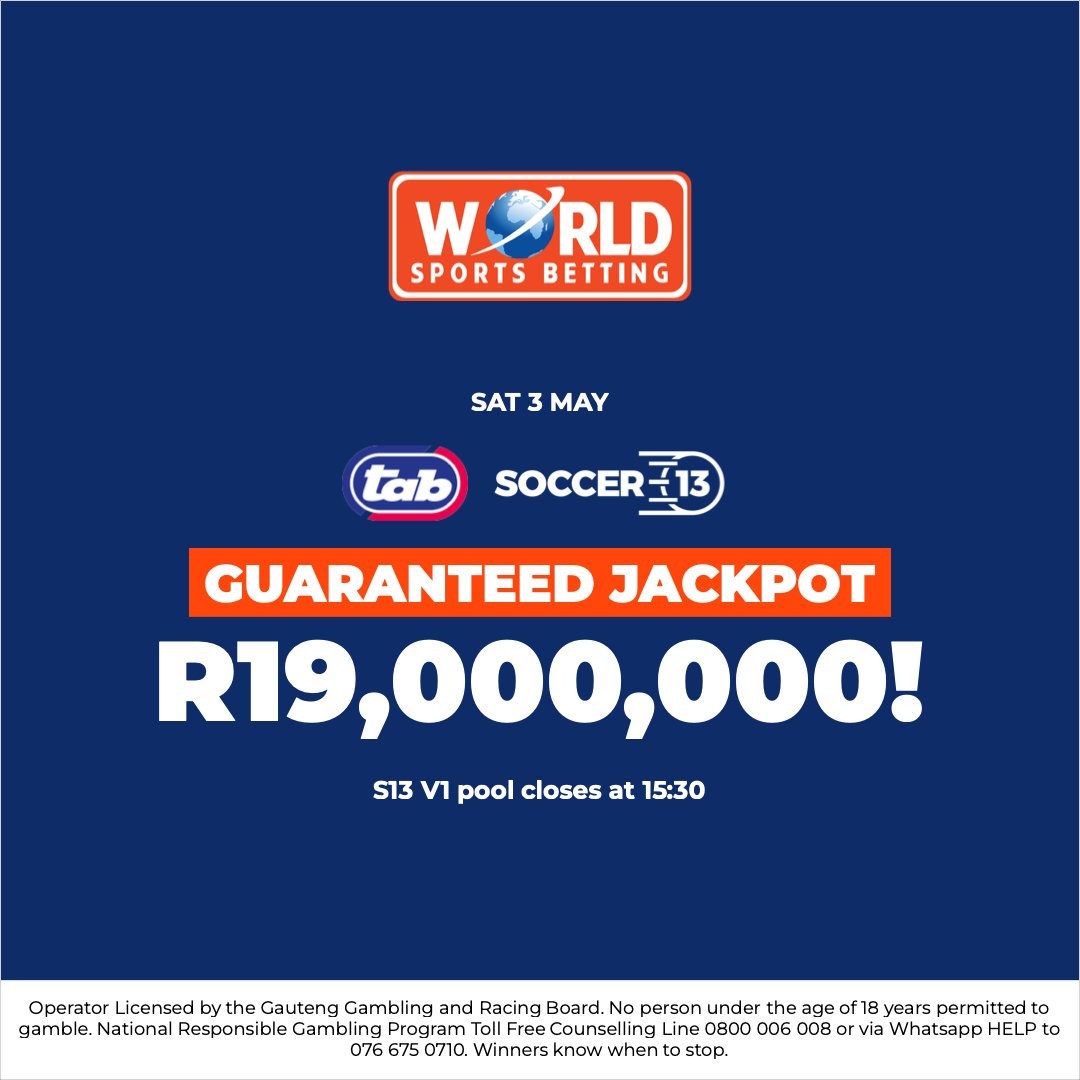 WorldSportsBet's tweet image. Soccer 13 is sitting at a HUGE R19 MILLION this Saturday 3rd May!

And you can now bet directly into the Soccer TOTE pools from your WSB account!

⚽ Direct TOTE Access
⚽ Seamless Betting
⚽ Big Pool, Big Potential!

📲 Bet Now: ow.ly/ZBAo50VtXM7

#Soccer13 #BetWithTheBest
