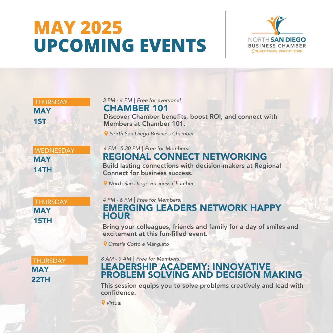 sdbizchamber's tweet image. Save the Date for Our Upcoming Events! 

Explore all events and register online: chamber.sdbusinesschamber.com/events/

#nsdbc #chamber #sandiego #events #business #SanDiegoNetworking