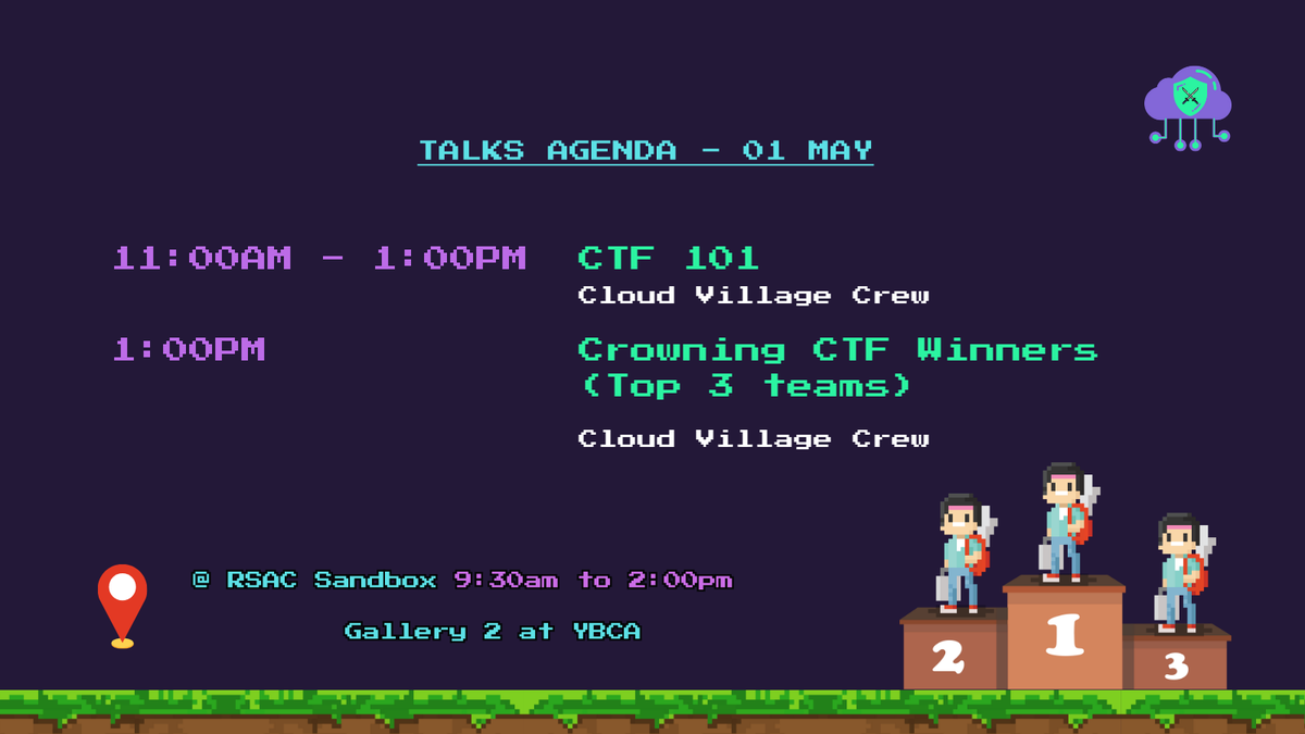 cloudvillage_dc's tweet photo. ๐ฅ Itโs the FINAL DAY of @RSAConference and @cloudvillage_dc is closing it out strong!
Find us in the RSAC Sandbox (Gallery 2 @ YBCA) ๐
๐ค Sandbox: 9:30AMโ2PM
๐ง CTF 101: 11AMโ1PM
๐ Prize Ceremony: 1PM (Top 3 Teams!)
#RSAC2025 #CloudVillage #CTF #HackTheCloud https://t.co/Hv1tqpsxxq