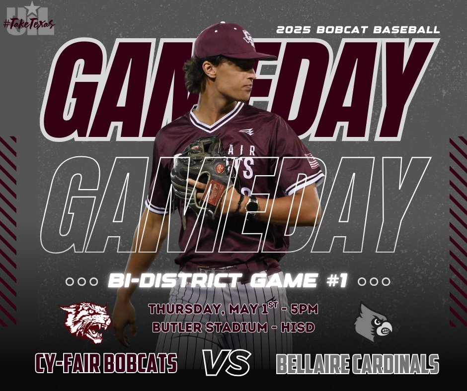 🚨BI-DISTRICT GAME #1🚨

🆚 Bellaire Cardinals
🏟️ Butler Stadium
🕔 5pm
🎟️ bit.ly/ThuBiDist

#beCATS | #BFND | 🐾⚾️