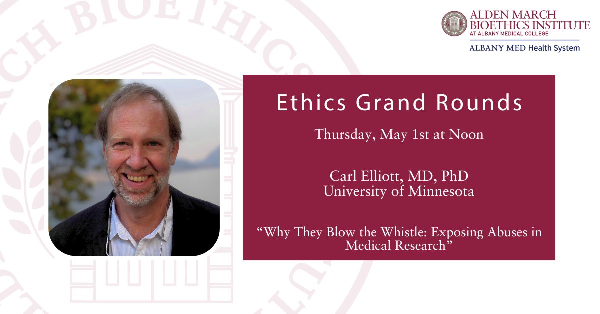 TODAY: Join us at noon (eastern) for Ethics Grand Rounds- this month's speaker is Carl Elliott, MD, PhD discussing “Why They Blow the Whistle: Exposing Abuses in Medical Research”. This is a virtual event- join us at: loom.ly/SHKvg7Y