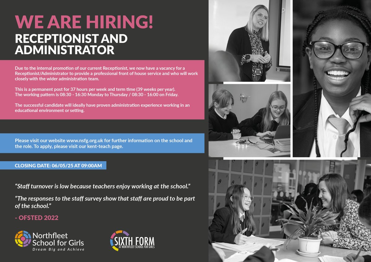 VACANCY - RECEPTIONIST / ADMINISTRATOR

We are looking for someone to join our Administration Team.

To learn more about the role and to apply, visit: kent-teach.com/Recruitment/Va…

#kentteach #jobsinkent #kentschools #gravesham #northfleet #ebbsfleet #dartford #meopham #medway