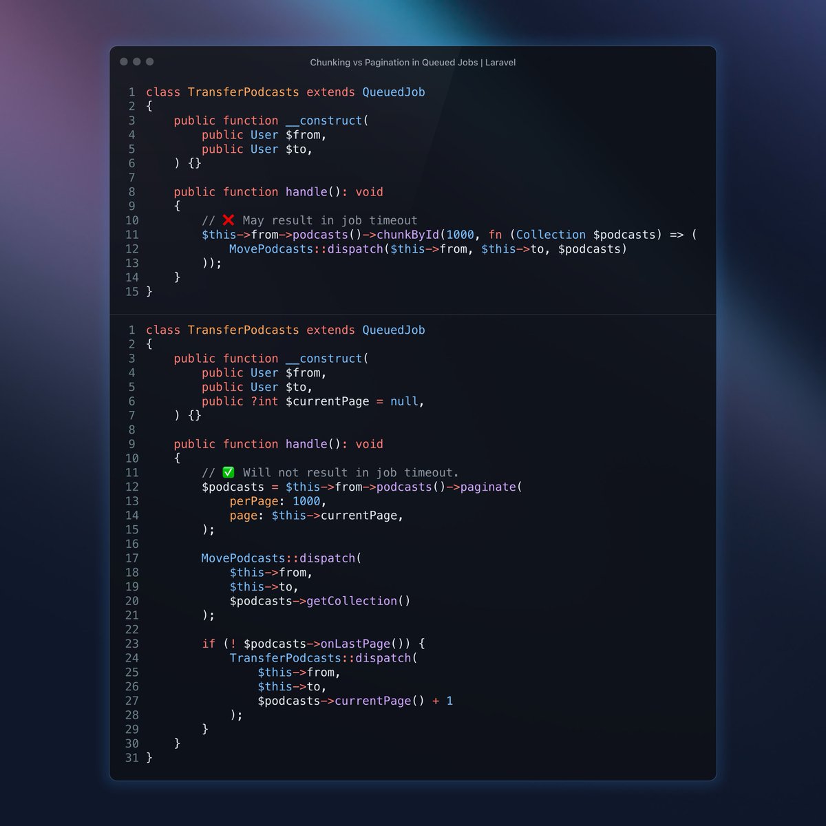When processing a large number of results inside a queued job, consider using recursive job dispatching with pagination instead of chunking

With chunking, the queued job may time out (with a large enough result), since even though it's chunking, it still needs to go through that