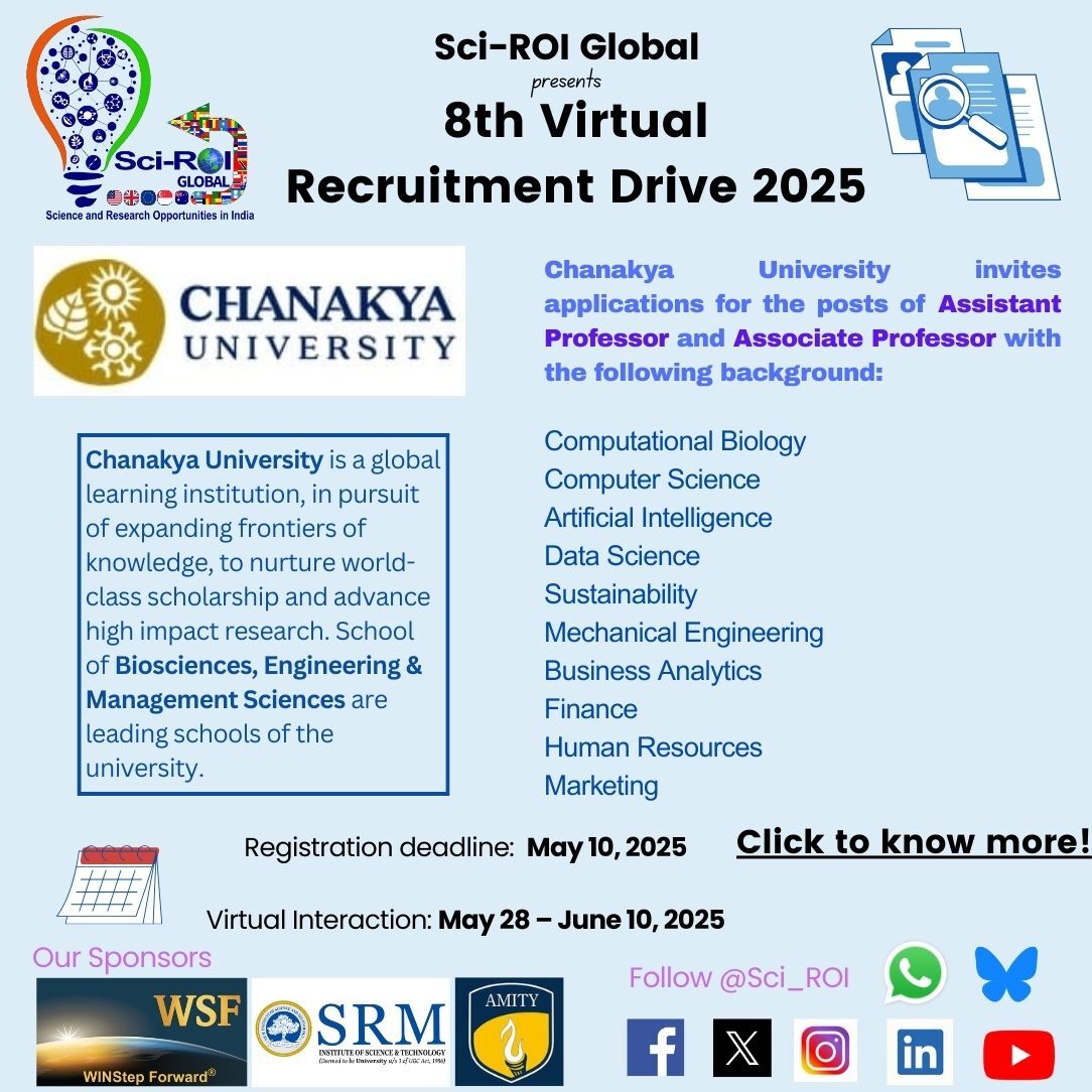 Sci_ROI's tweet image. Recruitment update
We’re excited to announce that Manipal Academy of Higher Education and Chanakya University have joined Sci-ROI’s 8th Virtual Recruitment Drive!
Registration deadline extended to May 10, 2025
Apply now: sciroi.net/global
#SciROI #STEMCareers #FacultyHiring