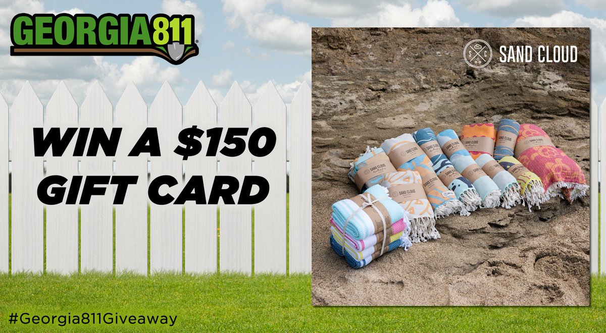 GA811's tweet photo. Planning a beach vacation this summer? We've got the perfect giveaway for you. Two winners will receive a $150 Sand Cloud gift card. Enter by May 15th at 5:00pm EST to win by clicking here: https://t.co/4v6ohZg3GD #Georgia811Giveaway #giveaway #safedigging #sandcloud https://t.co/S99GL0lYzx