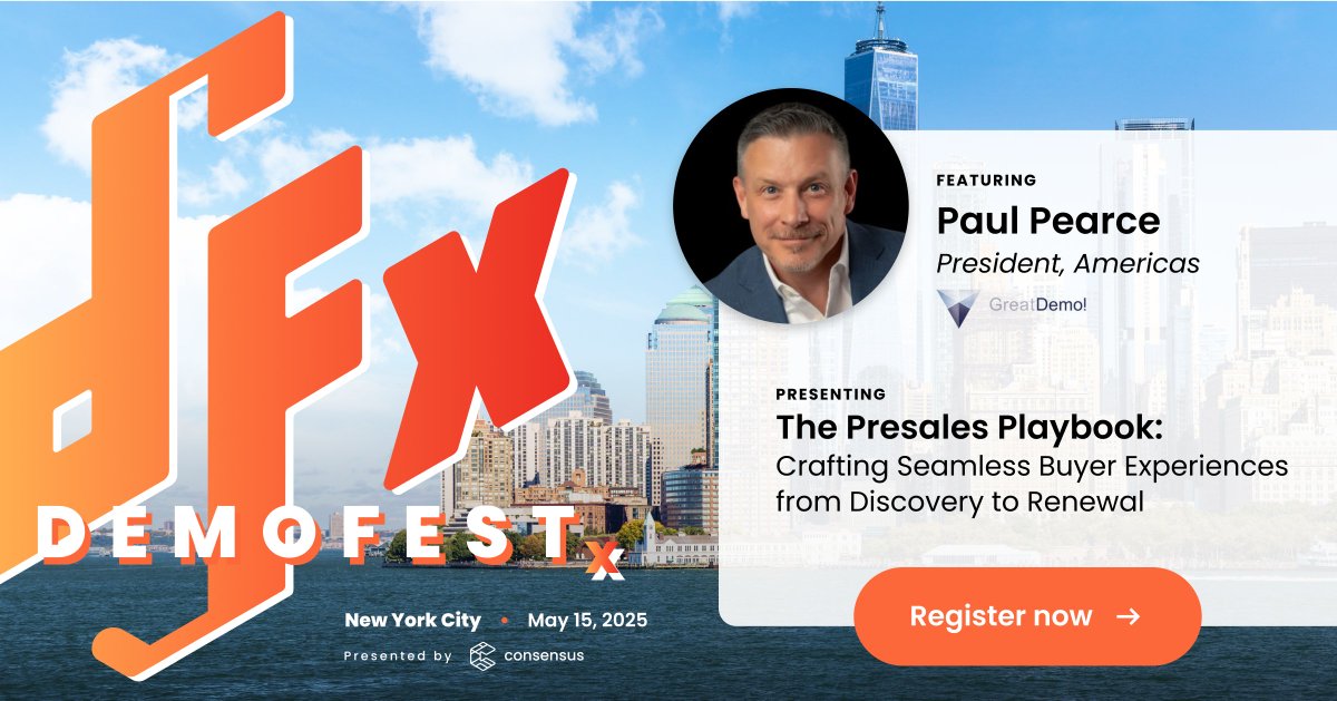 #Presales has always been more than the demo.
Now it’s a full-on force across the entire buyer journey.

Paul Pearce (Great Demo!) is giving you the playbook from discovery to renewal.

🗓 May 15 | NYC
🎟 Register: hubs.ly/Q03kxZqz0