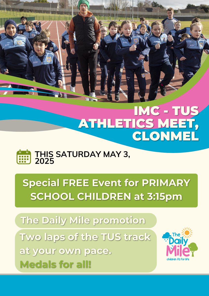 The Daily Mile IRE (@thedailymile_ie) on Twitter photo Any children in the Clonmel/Tipperary area that would like to take part in a Daily Mile this Saturday 3rd May details below....lots of fun guaranteed 👨🦽🏃♀️🏃♂️<a href="/ClonmelAC/">Clonmel AC</a> Any children in the Clonmel/Tipperary area that would like to take part in a Daily Mile this Saturday 3rd May details below....lots of fun guaranteed 👨🦽🏃♀️🏃♂️<a href="/ClonmelAC/">Clonmel AC</a>