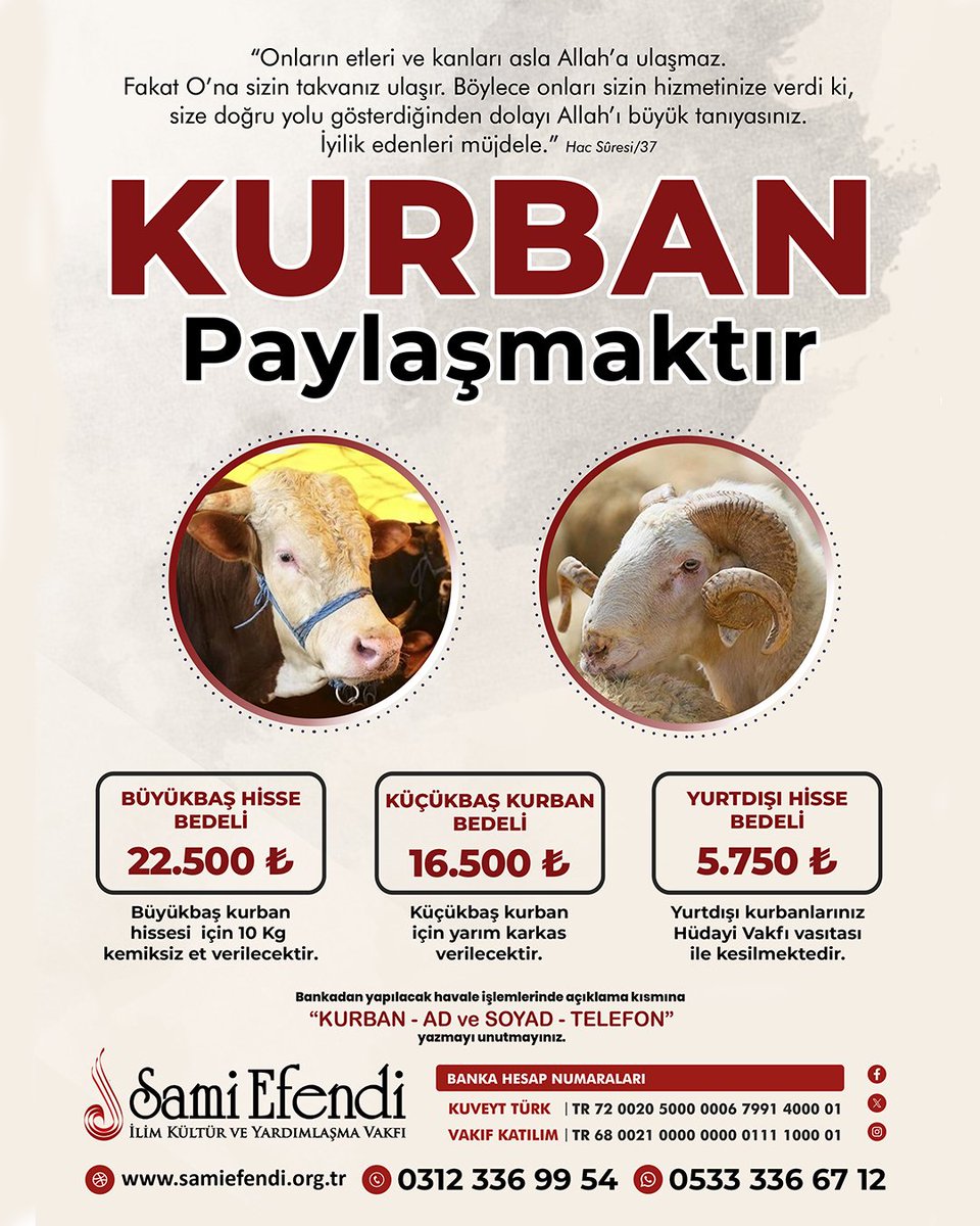 samiefendivakfi's tweet photo. KURBAN PAYLAŞMAKTIR

Kurbanlarınızı vakfımız aracılığı ile kestirerek mahsun gönüllere ulaşabilirsiniz. https://t.co/Hwb5KrGqxO