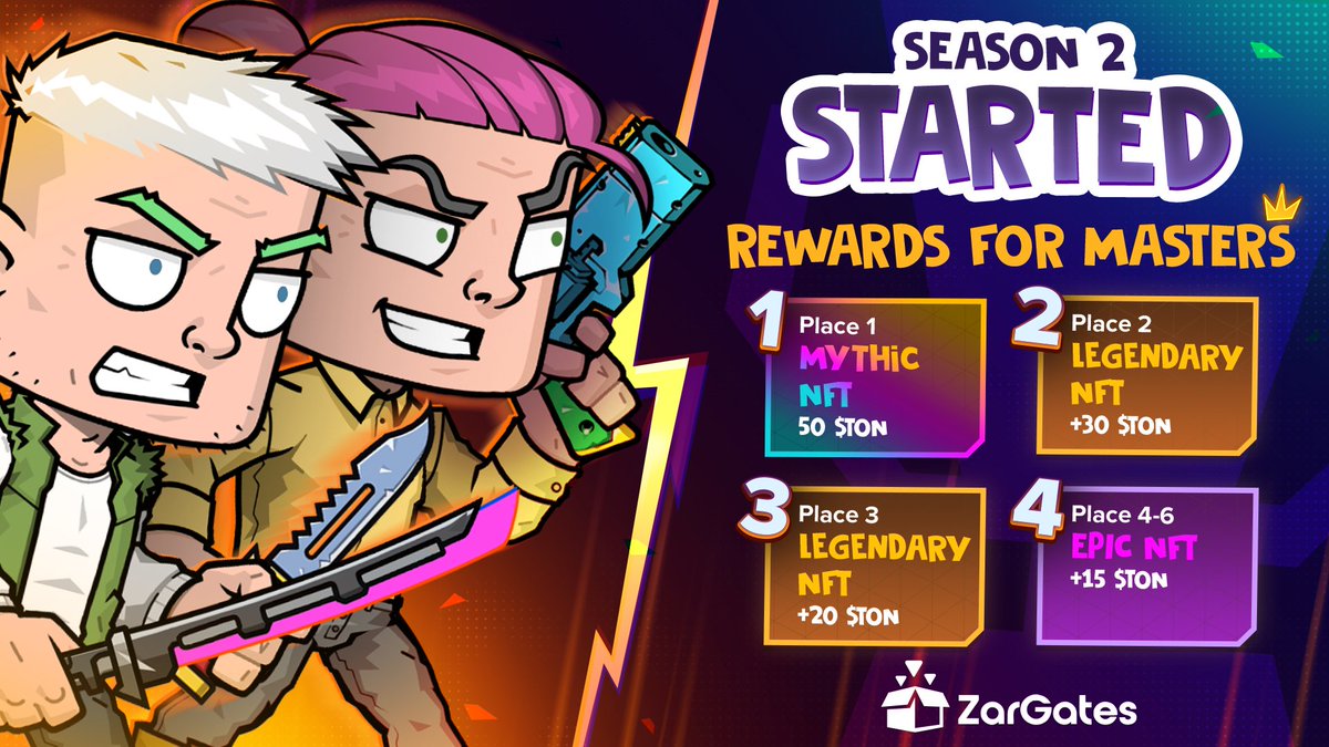 Fight Me! (@fight_me_club) on Twitter photo Season 2: Bigger Stakes. Bigger Rewards β
Season 2.
Dates: 1 May β 31 May
200 TON for the Top 15 β powered by Fight Me & our partners at <a href="/ZARGATES/">ZarGates</a>:
π₯ 1 β Mythic NFT + 50 TON
π₯ 2 β Legendary NFT + 30 TON
π₯ 3 β Legendary NFT + 20 TON
π
4β6 β Epic NFT + 15 TON
π
7β10 β Rare Season 2: Bigger Stakes. Bigger Rewards β
Season 2.
Dates: 1 May β 31 May
200 TON for the Top 15 β powered by Fight Me & our partners at <a href="/ZARGATES/">ZarGates</a>:
π₯ 1 β Mythic NFT + 50 TON
π₯ 2 β Legendary NFT + 30 TON
π₯ 3 β Legendary NFT + 20 TON
π
4β6 β Epic NFT + 15 TON
π
7β10 β Rare